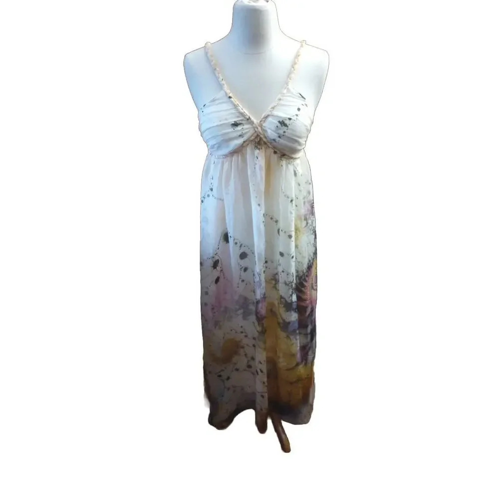 Asya 100% Silk Maxi Dress Braided Straps Lined Padded Sz S fairy Whimsical